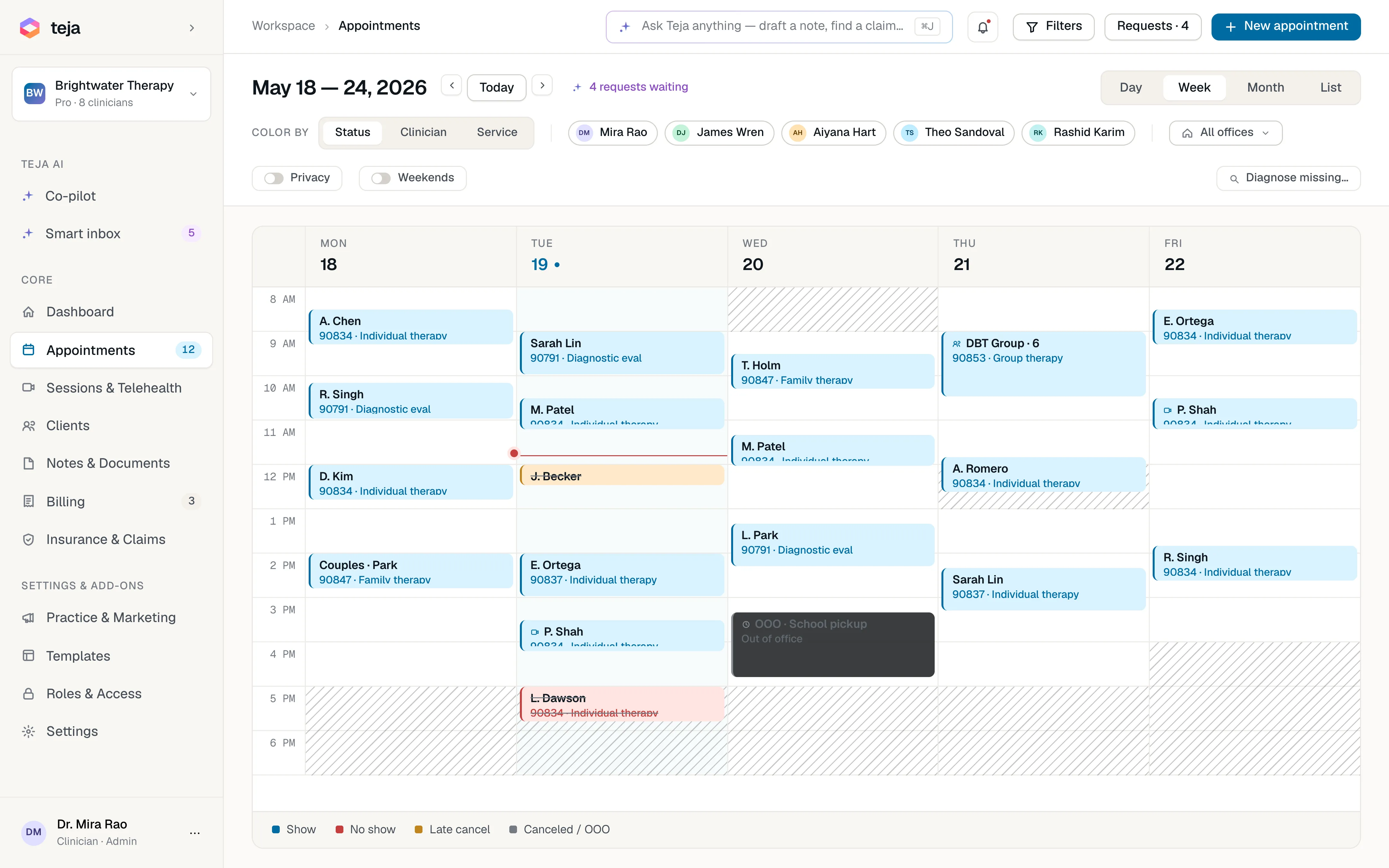 Readya weekly calendar view, May 18–24 2026, color-coded by status with five clinicians