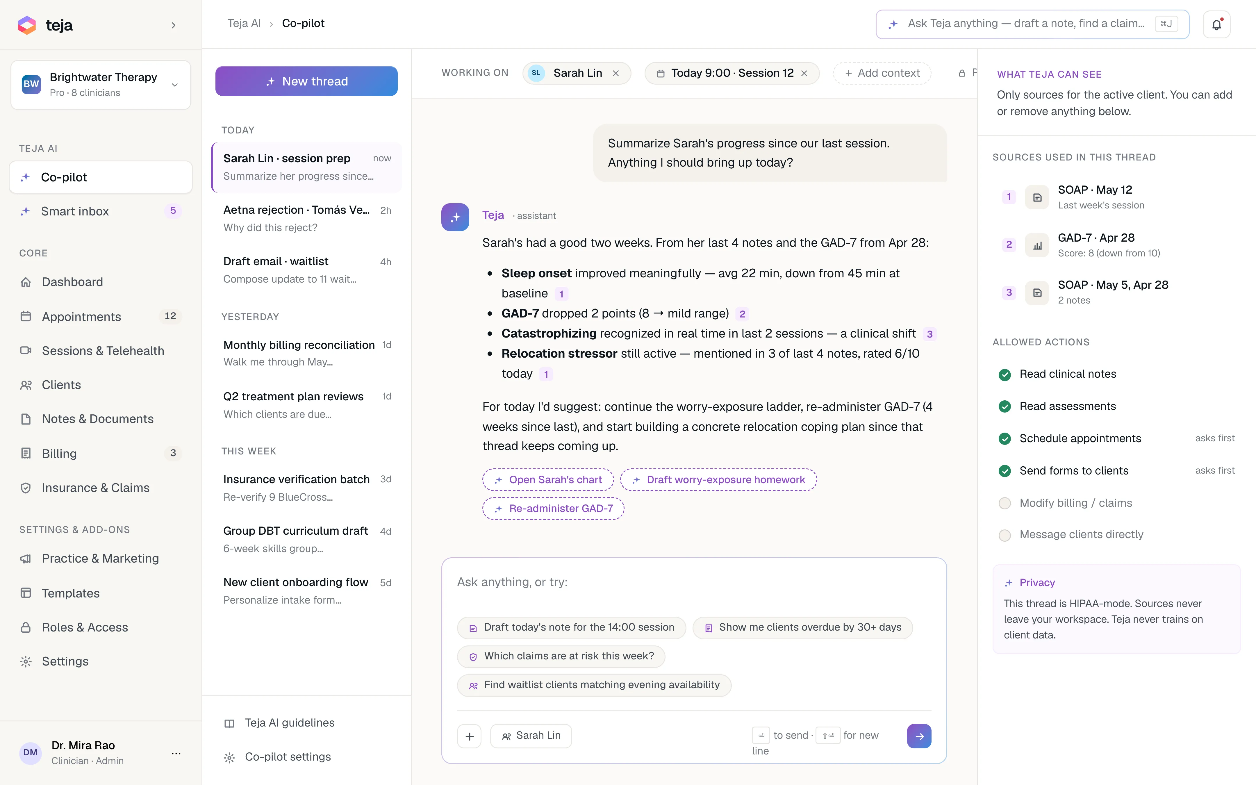 Readya Co-pilot answering 'Summarize Sarah's progress' with sources and allowed actions sidebar