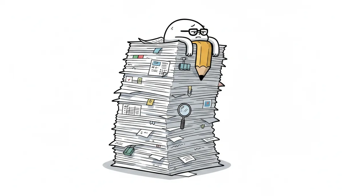 An overwhelmed clinician peeking over a towering, foot-tall stack of insurance paperwork