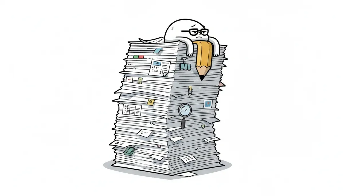 An overwhelmed clinician peeking over a towering, foot-tall stack of insurance paperwork
