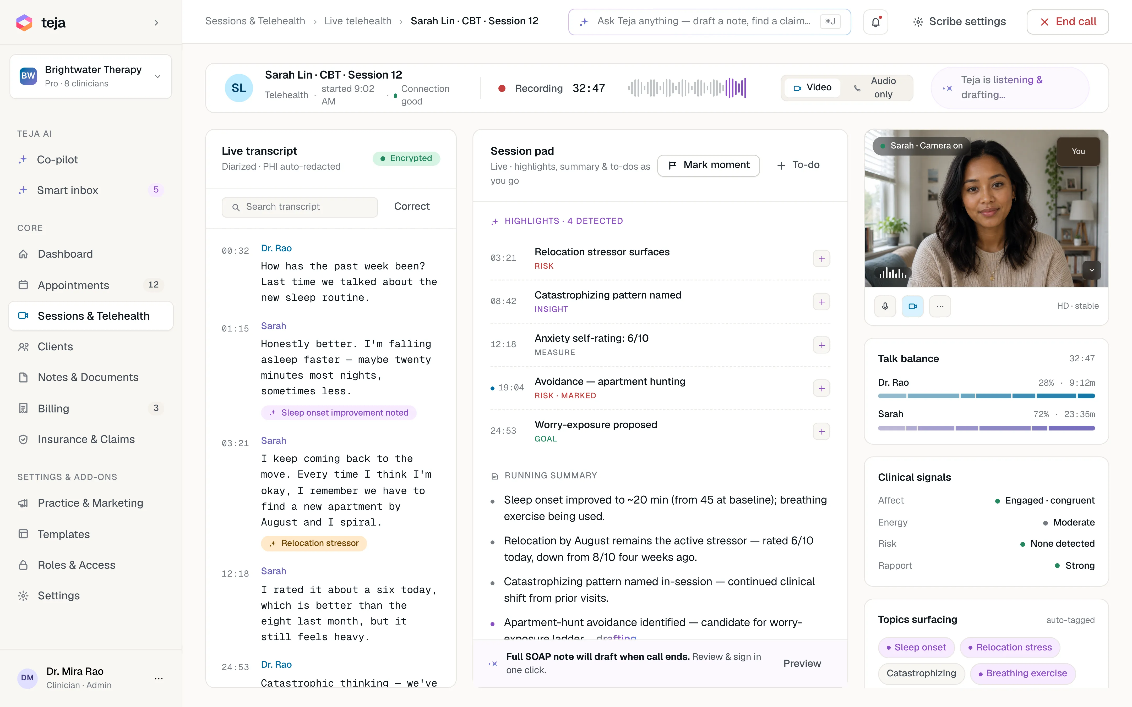 Readya AI Scribe during a live telehealth session: transcript, highlights, running summary, talk balance and clinical signals