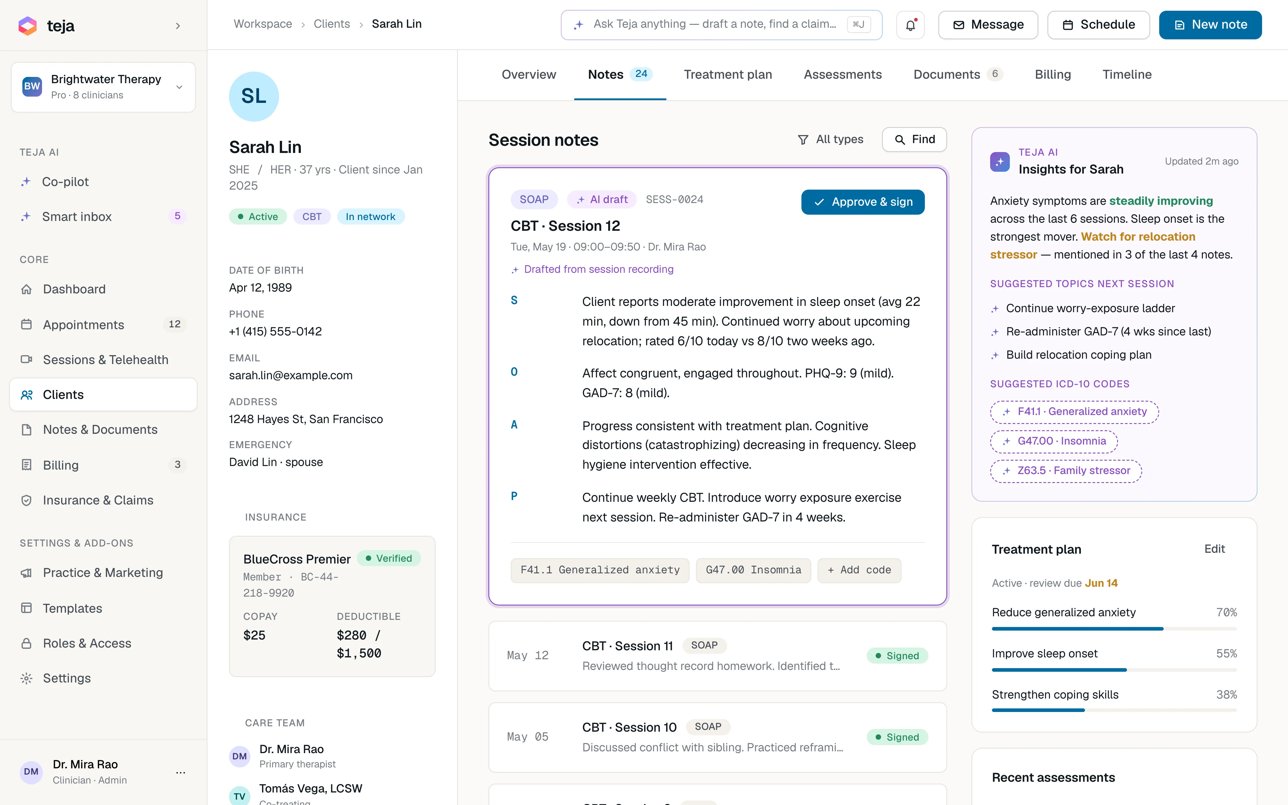 Sarah Lin client chart with Readya AI insights, suggested ICD-10 codes and next-session topics