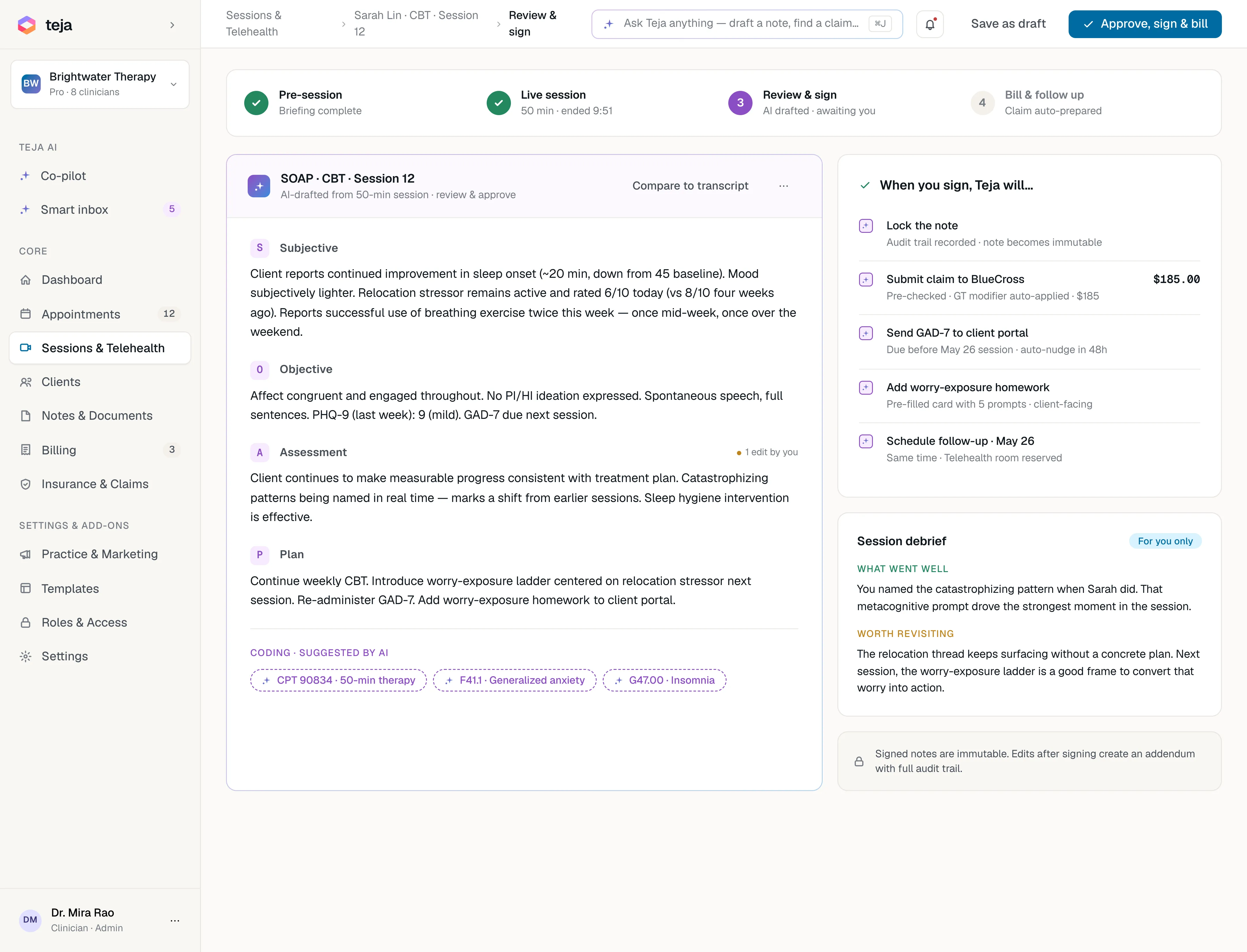 Readya AI-drafted SOAP note in review, with 'When you sign, Readya will…' sidebar of pre-checked actions