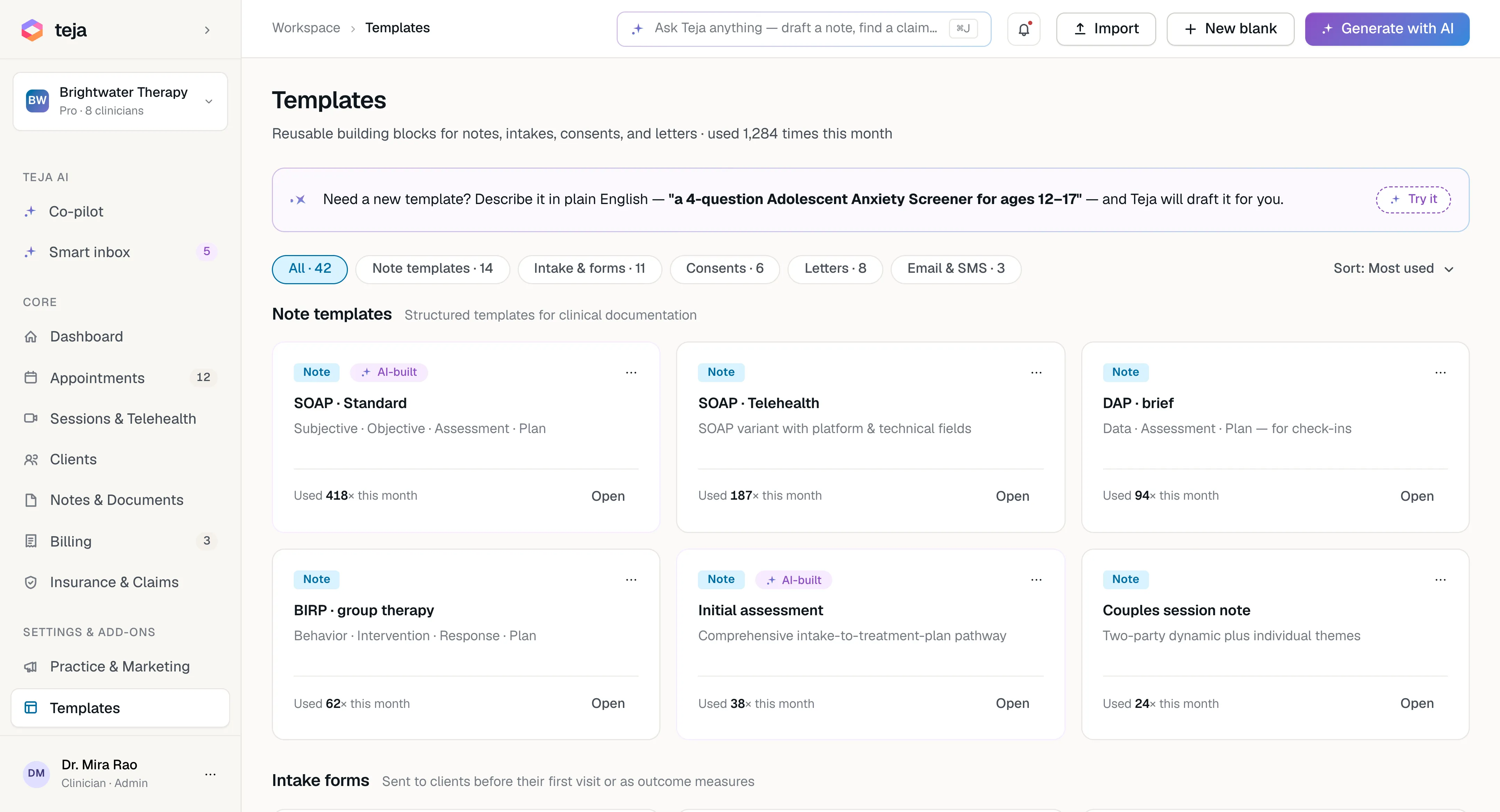 Readya templates library: SOAP, DAP, BIRP, intake forms, consents, letters — usage stats per template