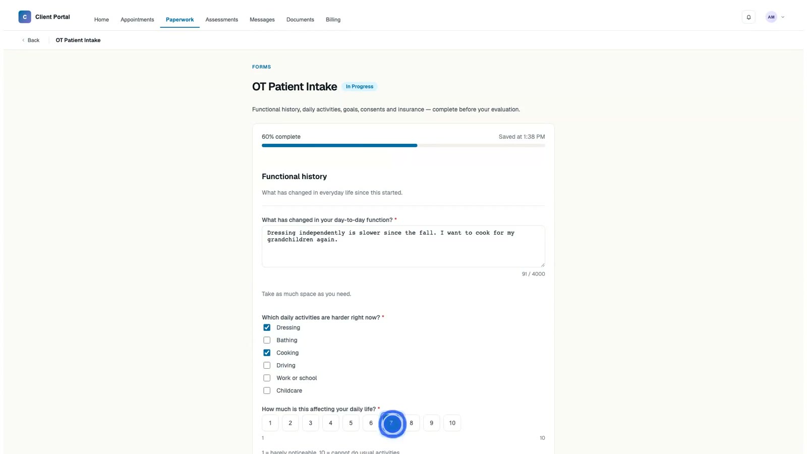OT Patient Intake continued: daily-activity checkboxes for dressing, bathing, cooking, driving, work or school and childcare, plus an impact scale and a goals field.