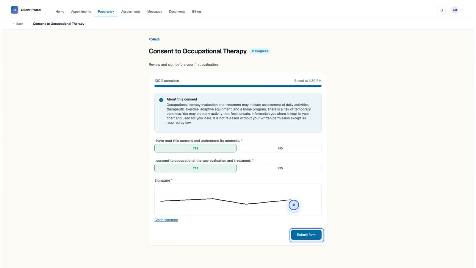 Consent to Occupational Therapy in the client portal: on-screen consent copy, yes/no acknowledgments, and an e-signature field.