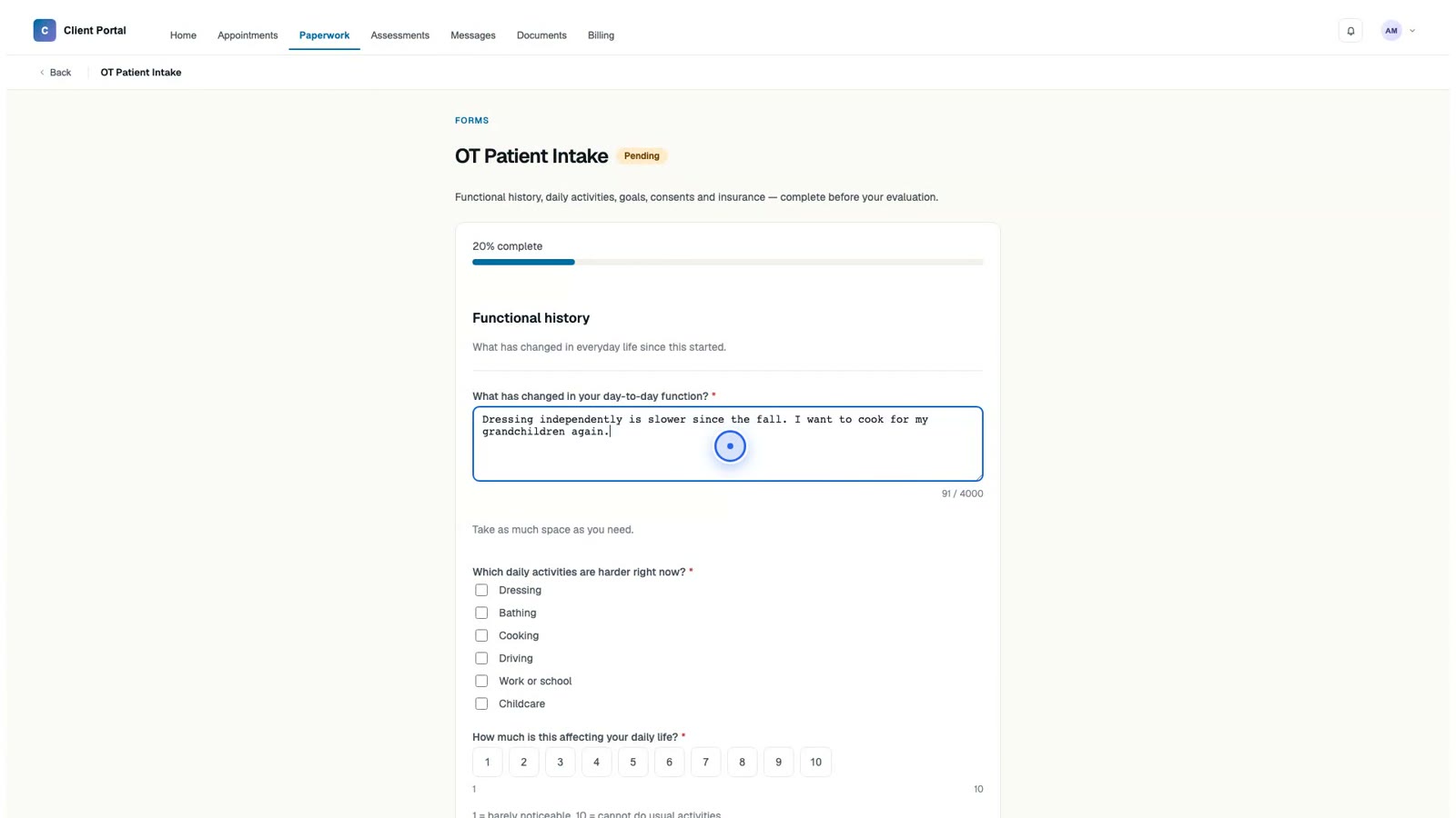 OT Patient Intake in the client portal — functional history, daily activities and an impact scale.