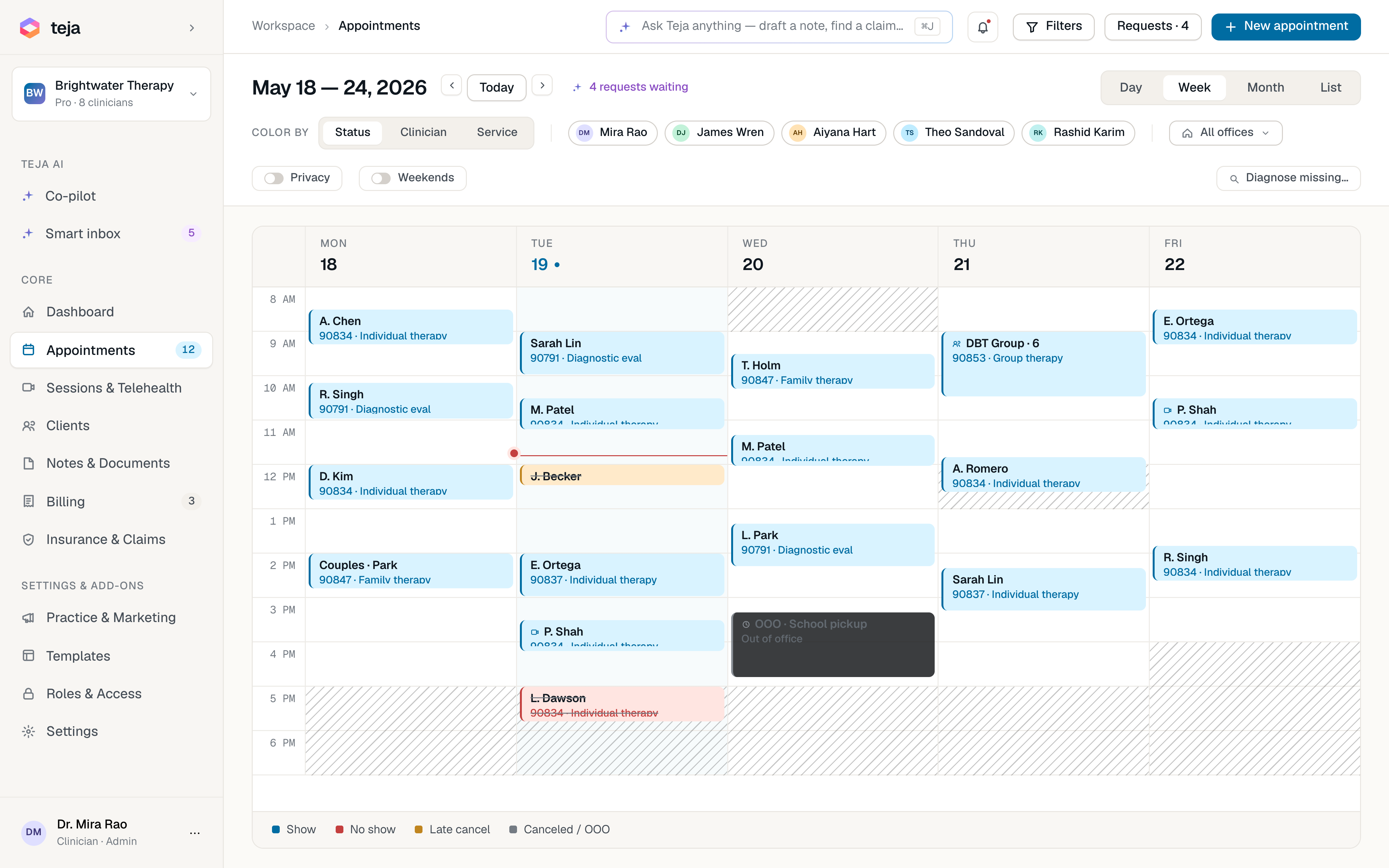Readya weekly calendar view, May 18–24 2026, color-coded by status with five clinicians