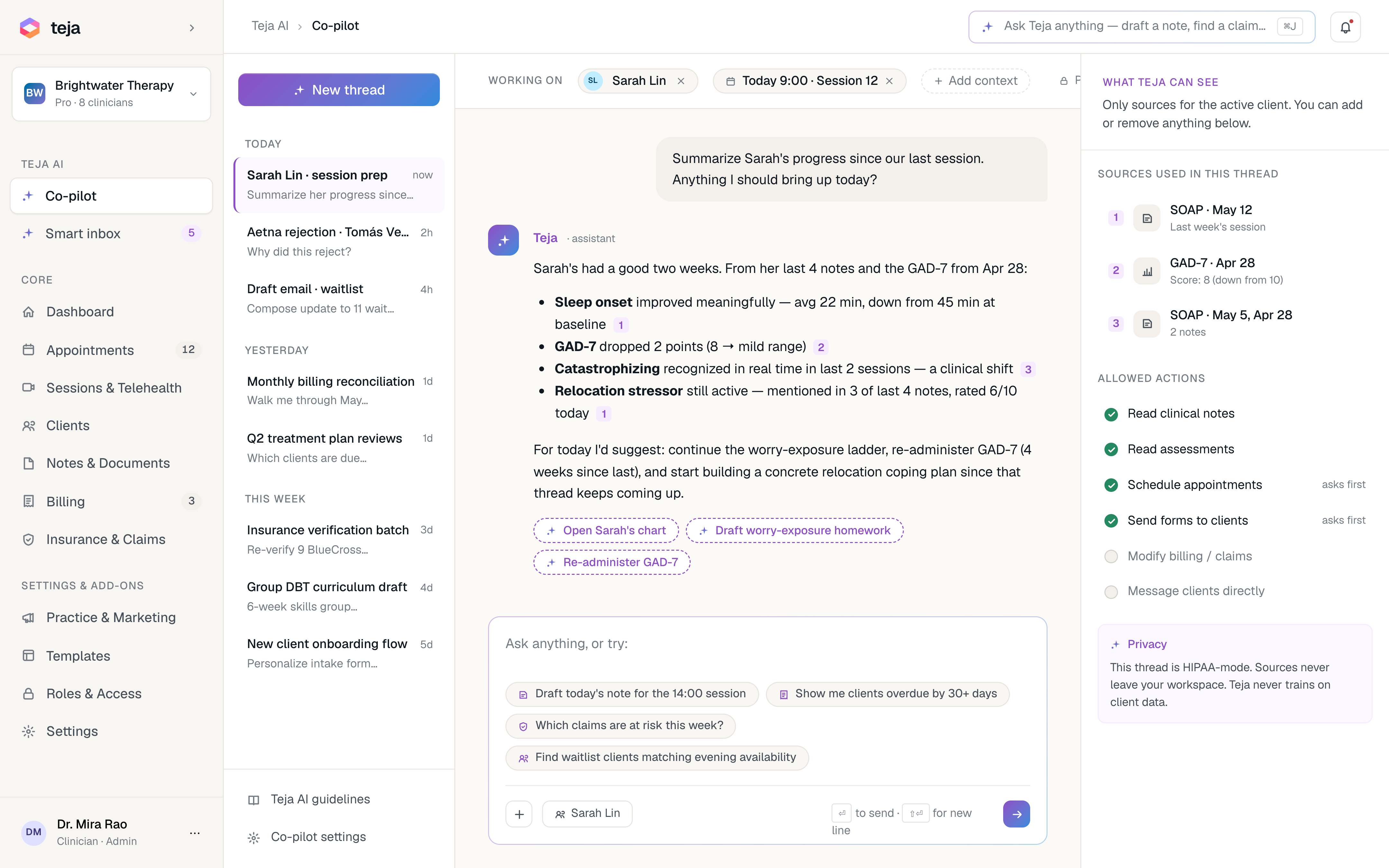 Readya Co-pilot answering 'Summarize Sarah's progress' with sources and allowed actions sidebar