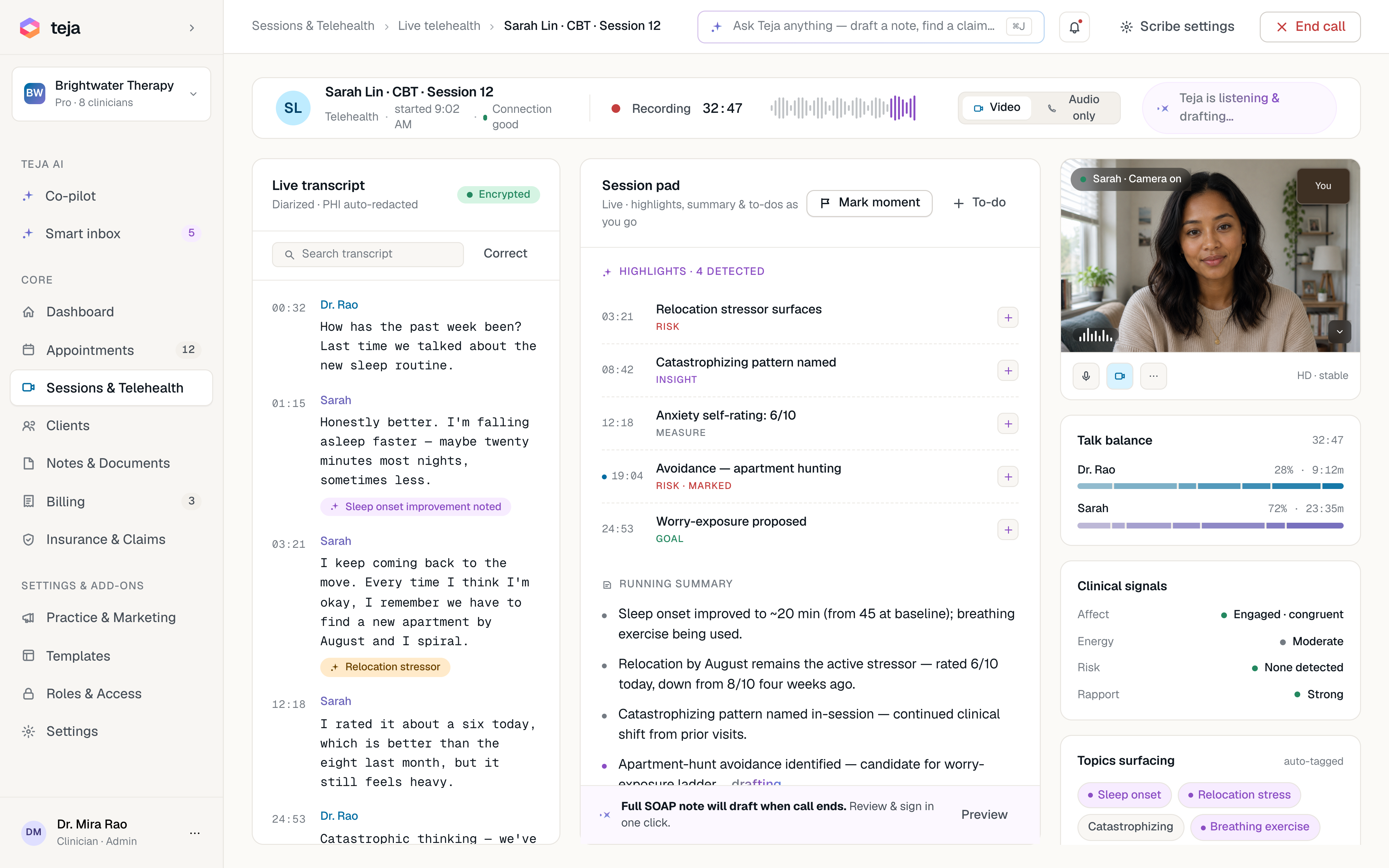 Readya AI Scribe during a live telehealth session: transcript, highlights, running summary, talk balance and clinical signals