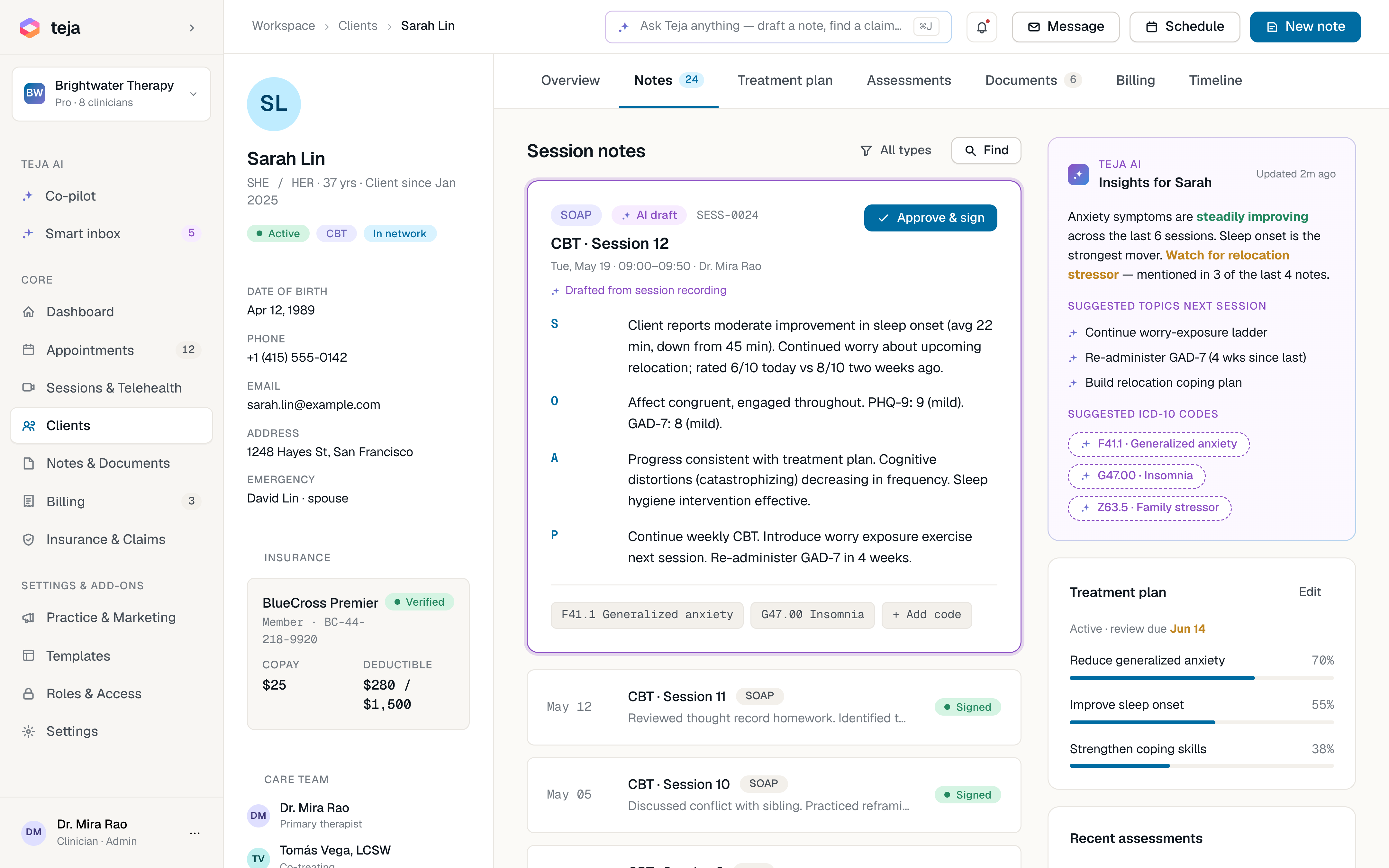 Sarah Lin client chart with Readya AI insights, suggested ICD-10 codes and next-session topics