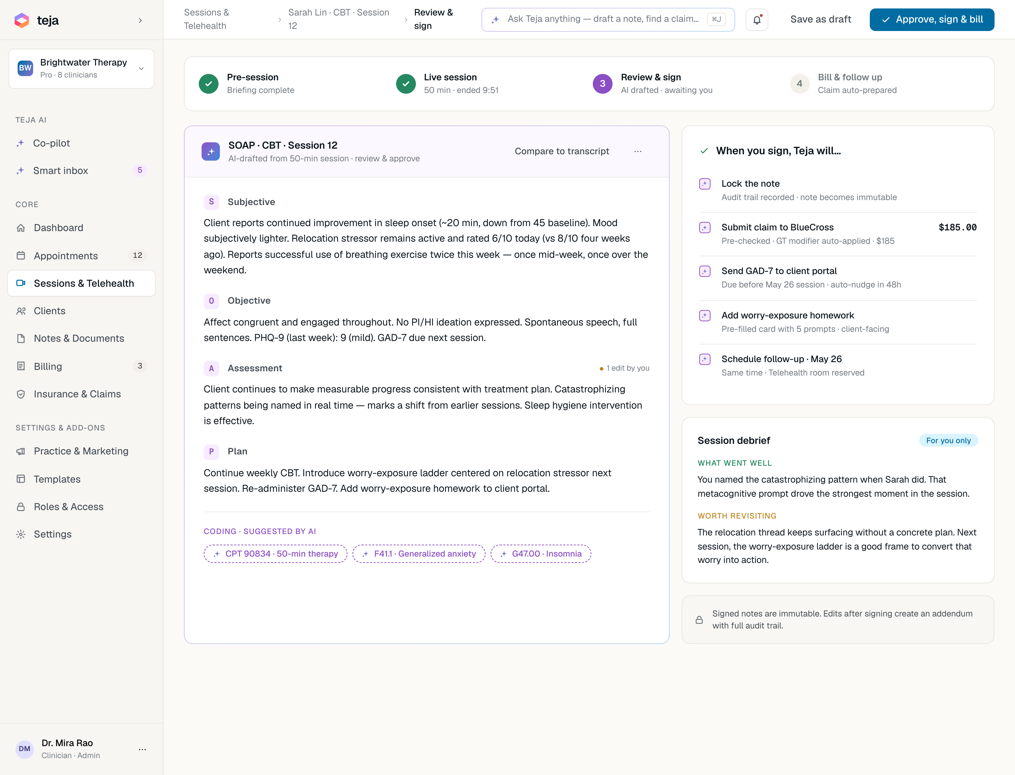 Readya AI-drafted SOAP note in review, with 'When you sign, Readya will…' sidebar of pre-checked actions