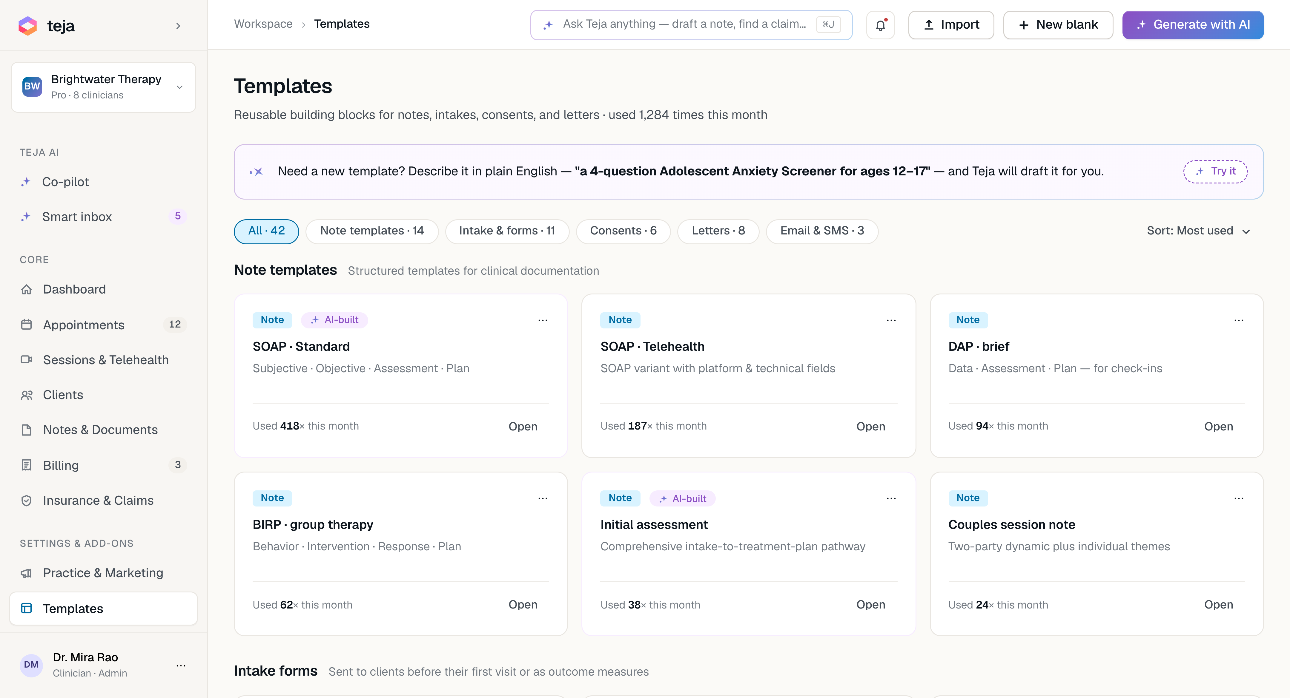Readya templates library: SOAP, DAP, BIRP, intake forms, consents, letters — usage stats per template